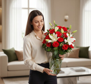 Mujer joven de camisa beige sostiene un gran ramo de rosas rojas y lirios blancos en un jarrón de cristal decorado, dentro de una sala de estar luminosa