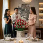 Tres personas jóvenes admirando un gran arreglo de rosas rojas sobre una columna en un comedor elegante, con mesa puesta y velas encendidas