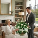 Hombre de traje gris entrega a una mujer mayor un gran arreglo de rosas blancas en una sala de estar luminosa con chimenea y estanterías