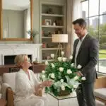 Hombre de traje gris entrega a una mujer mayor un gran arreglo de rosas blancas en una sala de estar luminosa con chimenea y estanterías