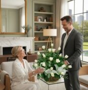 Hombre de traje gris entrega a una mujer mayor un gran arreglo de rosas blancas en una sala de estar luminosa con chimenea y estanterías