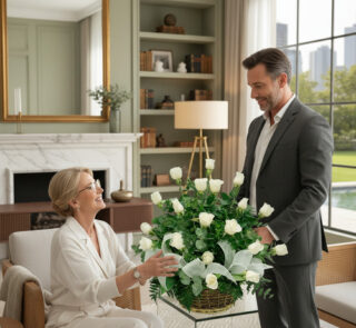 Hombre de traje gris entrega a una mujer mayor un gran arreglo de rosas blancas en una sala de estar luminosa con chimenea y estanterías