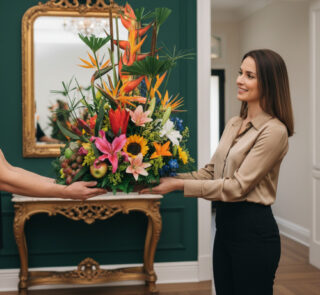 Mujer joven de pie en una sala elegante recibe un gran arreglo floral tropical con lirios, girasoles, aves del paraíso y frutas sobre una bandeja