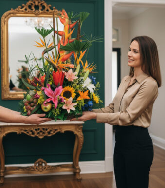 Mujer joven de pie en una sala elegante recibe un gran arreglo floral tropical con lirios, girasoles, aves del paraíso y frutas sobre una bandeja