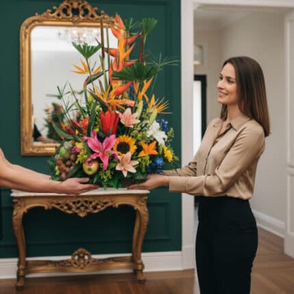 Mujer joven de pie en una sala elegante recibe un gran arreglo floral tropical con lirios, girasoles, aves del paraíso y frutas sobre una bandeja