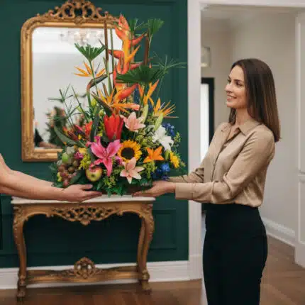 Mujer joven de pie en una sala elegante recibe un gran arreglo floral tropical con lirios, girasoles, aves del paraíso y frutas sobre una bandeja