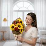 Mujer joven de cabello castaño sostiene un ramo de girasoles amarillos y rosas rojas envuelto en papel kraft, de pie en una sala de estar luminosa con ventanal al fondo