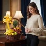 Mujer sonriente con suéter beige observa una canasta de mimbre llena de frutas variadas, decorada con un gran lazo amarillo, sobre una mesa de madera en una sala con cortinas azules y lámpara encendida