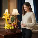 Mujer sonriente con suéter beige observa una canasta de mimbre llena de frutas variadas, decorada con un gran lazo amarillo, sobre una mesa de madera en una sala con cortinas azules y lámpara encendida