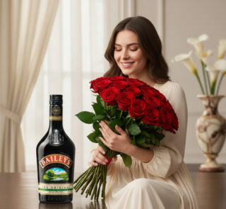 Joven sonriente con vestido claro sostiene un gran ramo de rosas rojas junto a una botella de licor oscuro sobre una mesa en un salón elegante