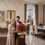Mujer mayor sonriente recibe un gran ramo de rosas rojas de un hombre joven en un comedor elegante, con dos mujeres al fondo sosteniendo otro ramo