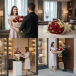 Collage de cuatro fotos donde una mujer recibe un gran ramo de rosas rojas con chocolates de un hombre en un hotel elegante y en la entrada de una tienda de lujo