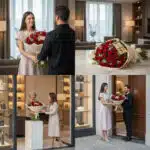 Collage de cuatro fotos donde una mujer recibe un gran ramo de rosas rojas con chocolates de un hombre en un hotel elegante y en la entrada de una tienda de lujo
