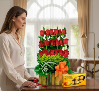 Mujer observando un arreglo de rosas rojas en varios niveles con follaje verde en base de bambú y caja de chocolates Ferrero Rocher sobre una mesa de madera en sala iluminada