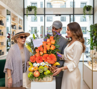 Tres personas observan una canasta grande con flores naranjas y frutas variadas en el interior de una tienda moderna y luminosa