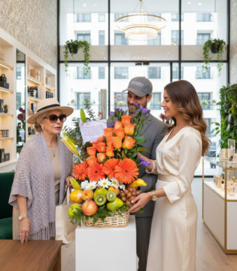 Tres personas observan una canasta grande con flores naranjas y frutas variadas en el interior de una tienda moderna y luminosa