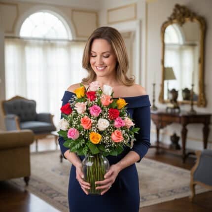 Mujer con vestido azul marino sujetando un gran ramo de rosas de colores en un jarrón de cristal dentro de un salón clásico y luminoso