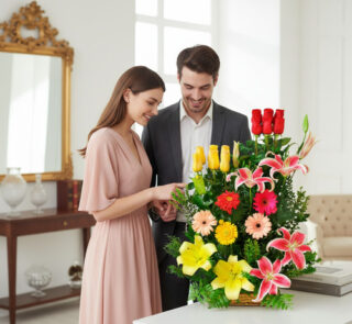 Hombre y mujer de pie junto a un gran arreglo de flores coloridas sobre una mesa blanca en una sala interior luminosa