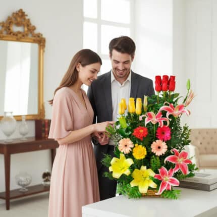 Hombre y mujer de pie junto a un gran arreglo de flores coloridas sobre una mesa blanca en una sala interior luminosa
