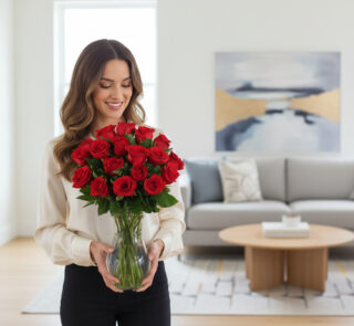 Mujer joven sonriente con camisa beige sosteniendo un gran ramo de rosas rojas en un jarrón de cristal, de pie en una sala de estar luminosa con sofá gris y mesa de centro de madera