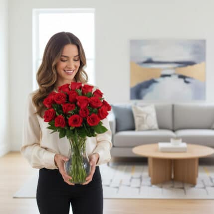 Mujer joven sonriente con camisa beige sosteniendo un gran ramo de rosas rojas en un jarrón de cristal, de pie en una sala de estar luminosa con sofá gris y mesa de centro de madera