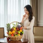 Mujer joven de pie junto a una canasta de mimbre llena de frutas frescas como piña, uvas, naranjas, kiwis y manzanas sobre una mesa en una sala elegante