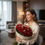 Mujer sonriendo sentada en una sala de estar elegante mientras sostiene un gran ramo de rosas rojas envueltas en papel beige