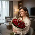 Mujer sonriendo sentada en una sala de estar elegante mientras sostiene un gran ramo de rosas rojas envueltas en papel beige