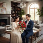 Hombre con traje azul entregando un ramo de rosas rojas a una mujer con vestido blanco, sentados juntos en una mesa de madera en un salón luminoso y elegante