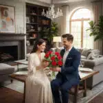 Hombre con traje azul entregando un ramo de rosas rojas a una mujer con vestido blanco, sentados juntos en una mesa de madera en un salón luminoso y elegante