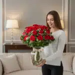 Mujer joven con suéter blanco sosteniendo un jarrón de cristal con un gran ramo de rosas rojas y follaje en una sala de estar elegante