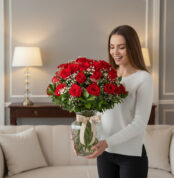 Mujer joven con suéter blanco sosteniendo un jarrón de cristal con un gran ramo de rosas rojas y follaje en una sala de estar elegante
