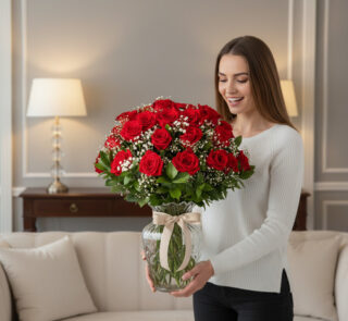 Mujer joven con suéter blanco sosteniendo un jarrón de cristal con un gran ramo de rosas rojas y follaje en una sala de estar elegante
