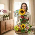 Mujer sonriente sosteniendo una canasta de regalo con girasoles, rosas rojas, lirios, frutas y un globo que dice feliz cumpleaños en una sala elegante