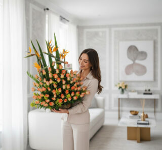 Mujer joven de pie en una sala de estar moderna sosteniendo un gran arreglo de flores naranjas y verdes en una base rectangular oscura