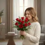 Mujer joven con suéter beige sosteniendo un ramo de rosas rojas y follaje verde en una sala de estar luminosa