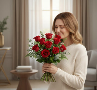 Mujer joven con suéter beige sosteniendo un ramo de rosas rojas y follaje verde en una sala de estar luminosa