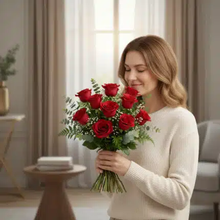 Mujer joven con suéter beige sosteniendo un ramo de rosas rojas y follaje verde en una sala de estar luminosa