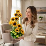Mujer joven con blusa beige sosteniendo un arreglo vertical de girasoles amarillos y follaje verde en una sala de estar luminosa y elegante