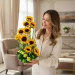 Mujer joven con blusa beige sosteniendo un arreglo vertical de girasoles amarillos y follaje verde en una sala de estar luminosa y elegante