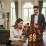 Mujer sorprendida frente a un arreglo de rosas rojas en canasta con lazo dorado mientras un hombre de traje la observa en una sala elegante