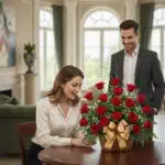 Mujer sorprendida frente a un arreglo de rosas rojas en canasta con lazo dorado mientras un hombre de traje la observa en una sala elegante