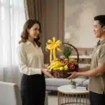 Repartidor entregando una canasta de frutas variadas con lazo amarillo a una mujer en una sala de estar moderna