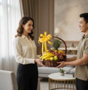 Repartidor entregando una canasta de frutas variadas con lazo amarillo a una mujer en una sala de estar moderna