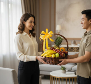Repartidor entregando una canasta de frutas variadas con lazo amarillo a una mujer en una sala de estar moderna