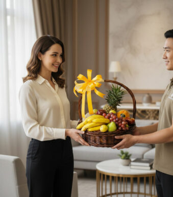 Repartidor entregando una canasta de frutas variadas con lazo amarillo a una mujer en una sala de estar moderna