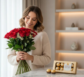 Mujer joven con suéter beige sosteniendo un ramo de rosas rojas y margaritas blancas sobre una mesa de mármol, al lado de una caja de bombones dorados