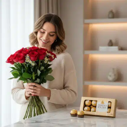 Mujer joven con suéter beige sosteniendo un ramo de rosas rojas y margaritas blancas sobre una mesa de mármol, al lado de una caja de bombones dorados