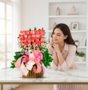 Mujer joven mirando un arreglo de rosas rosadas con lazos rosa sobre una mesa de mármol en una sala moderna y luminosa