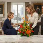 Mujer entregando un arreglo floral con girasoles y flores naranjas a otra mujer sentada en una sala elegante